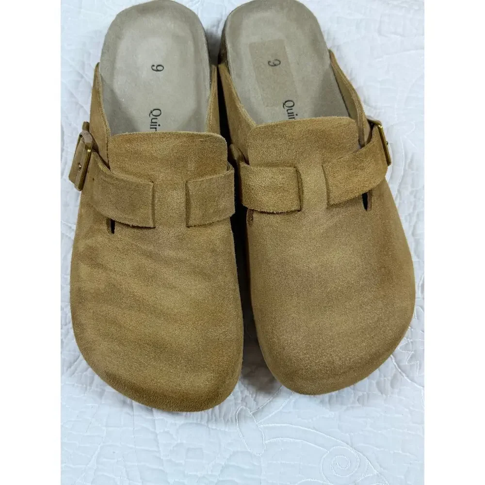 Quince Women 9 Tan Suede Slip On Clog Adjustable Strap Casual Comfort Mule Shoes